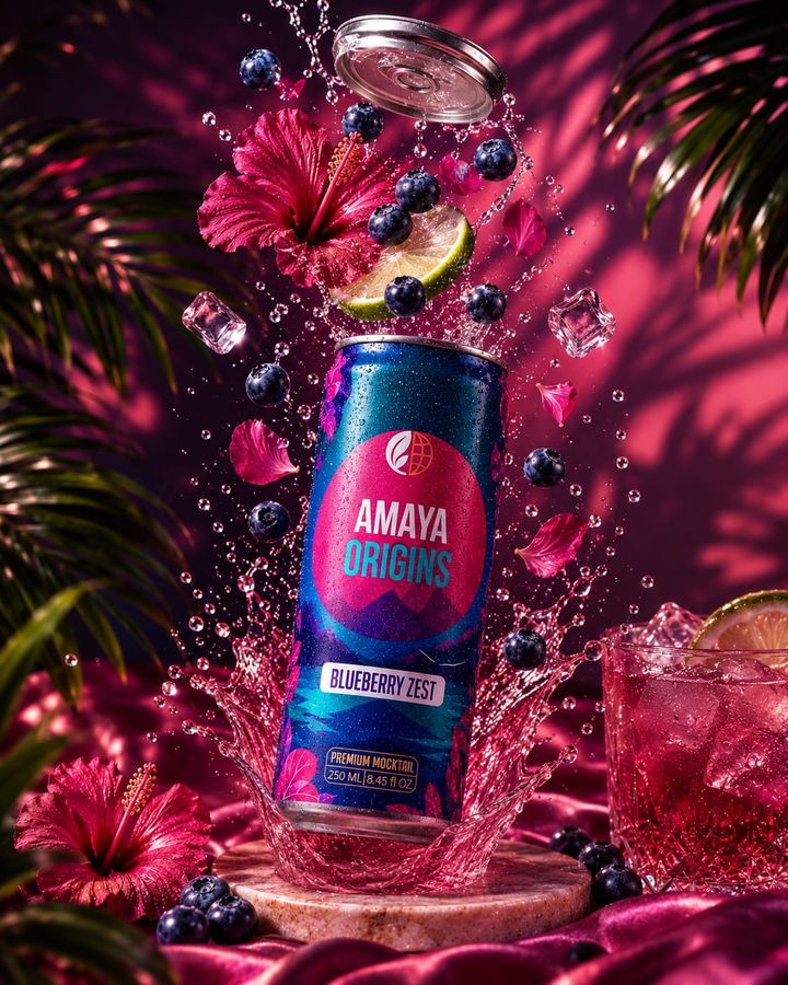 Amaya Origins Blueberry Zest premium mocktail, 250 ml can, with blueberries, lime and hibiscus