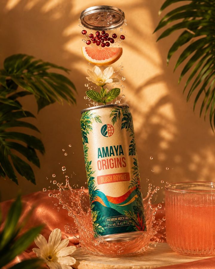 Amaya Origins Blush Royale premium mocktail, 250 ml can, with grapefruit, pomegranate and mint