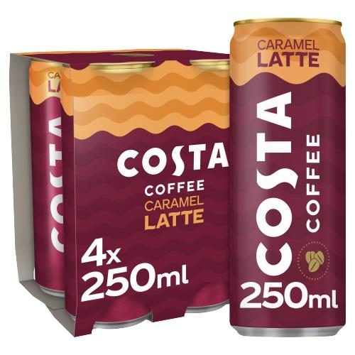 Costa Coffee Caramel Latte ready-to-drink iced coffee, 4 x 250 ml cans