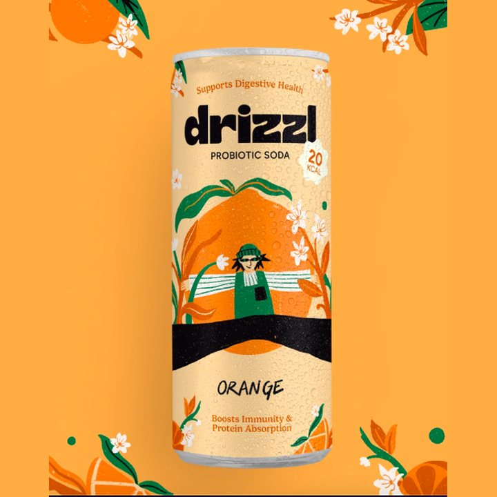 Drizzl Orange probiotic soda can, 20 kcal, supports digestive health