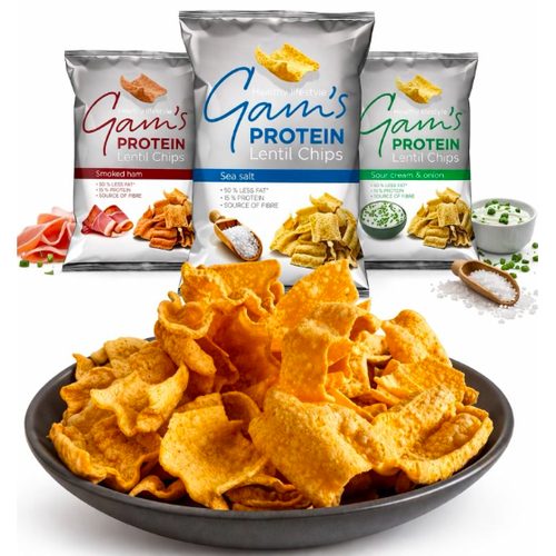 Gam's protein lentil chips in smoked ham, sea salt and sour cream and onion flavours